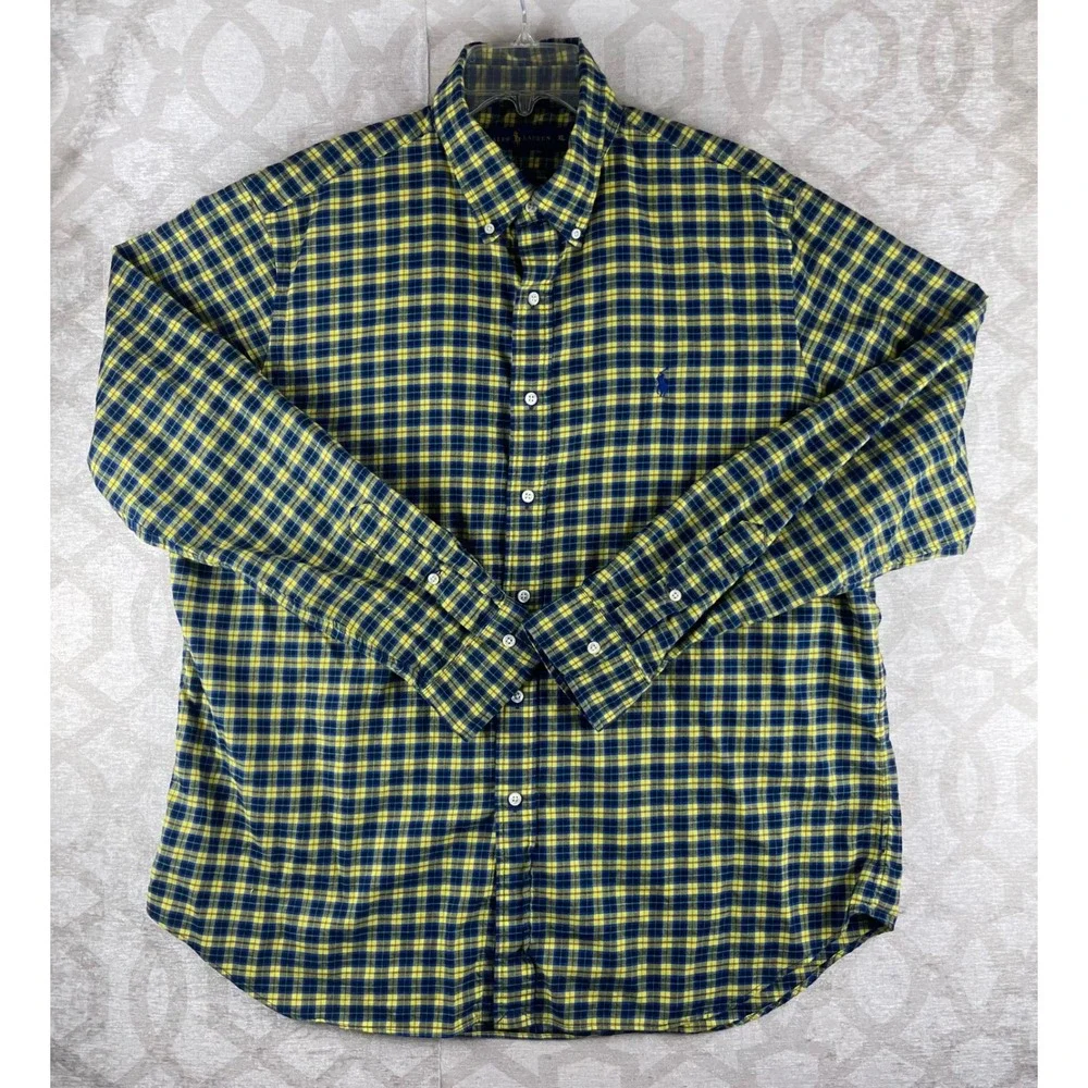 Polo‎ Ralph Lauren Plaid Shirt Mens XL Yellow Navy Blue Classic Fit Cotton